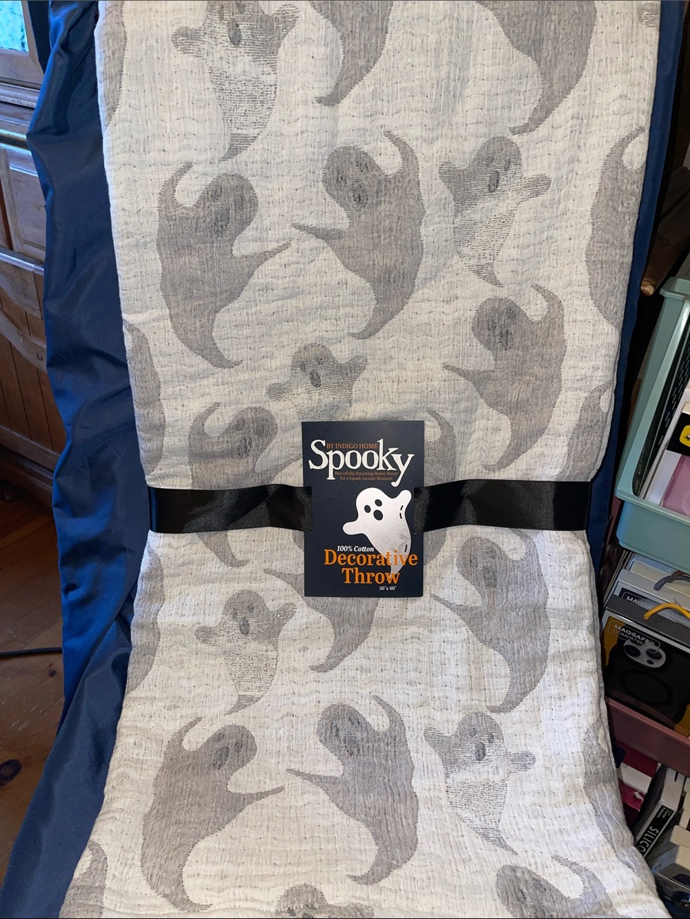 Spooky by Indigo Home Gray and White Ghost Pattern Decorative Throw